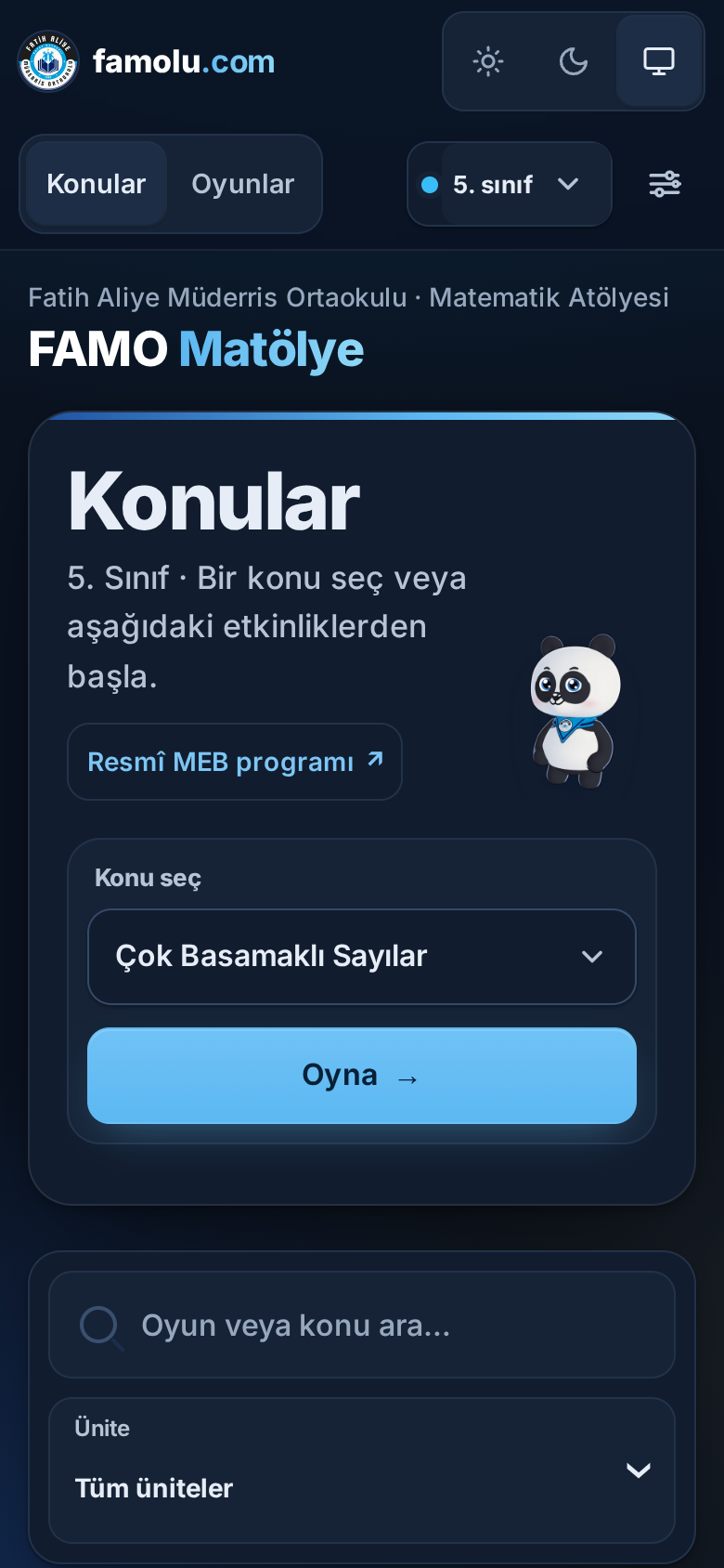 Matölye ana ekranı: sınıf ve konu seçimi, Oyna düğmesi